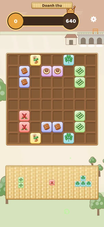 Một màn chơi: xếp khối nguyên liệu để đạt doanh thu